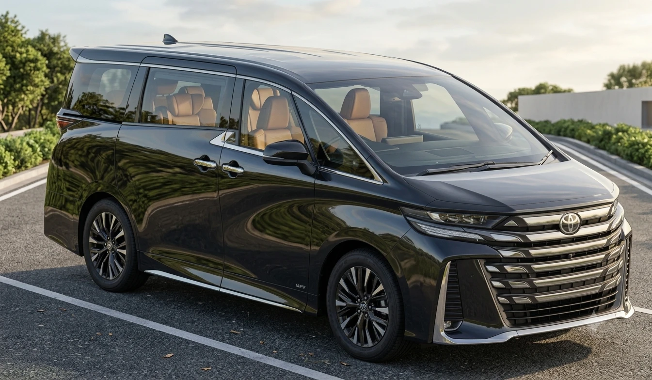 Black Toyota Vellfire in a front three-quarter view.