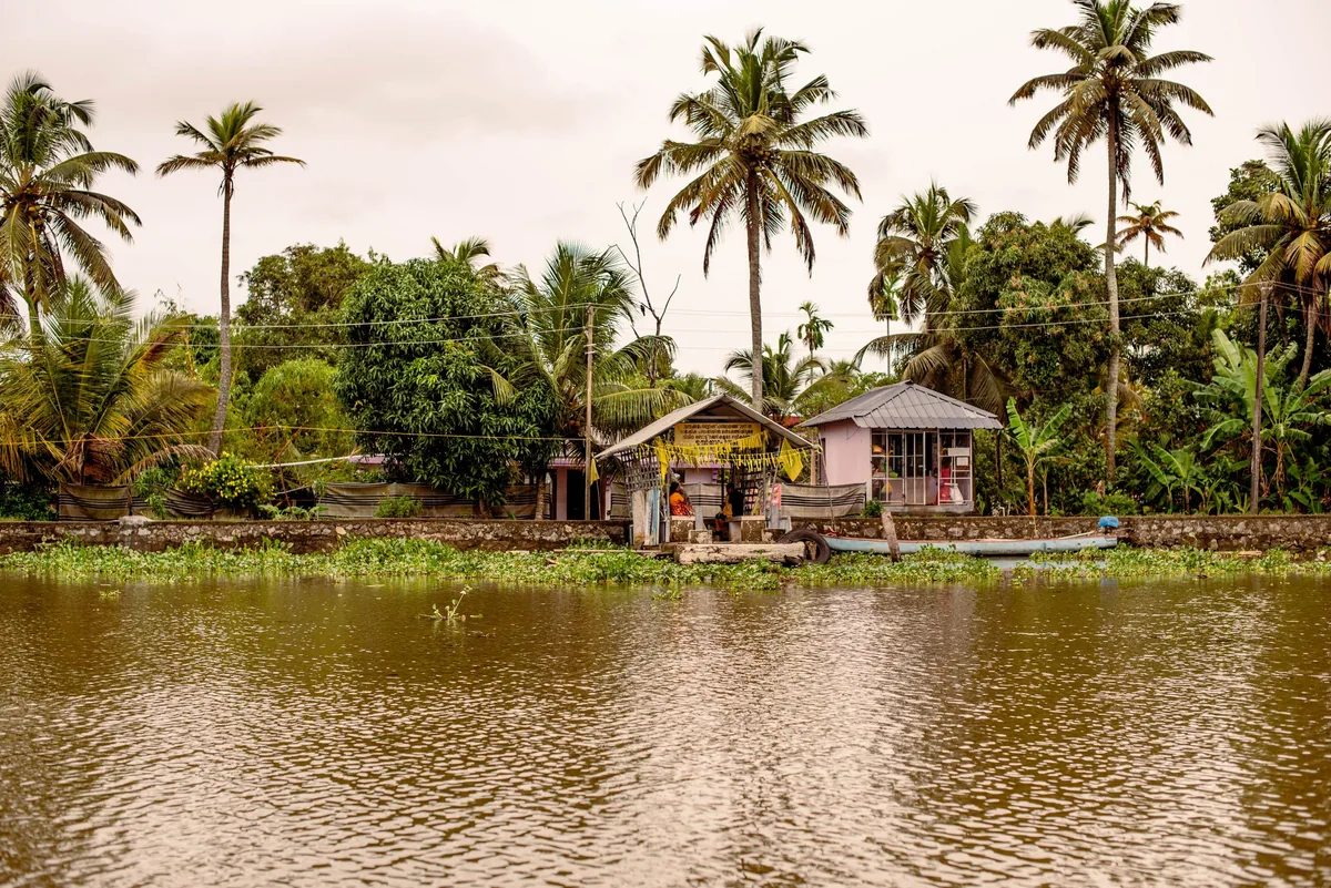 Kerala backwaters lined with palms and low houses at the water's edge.