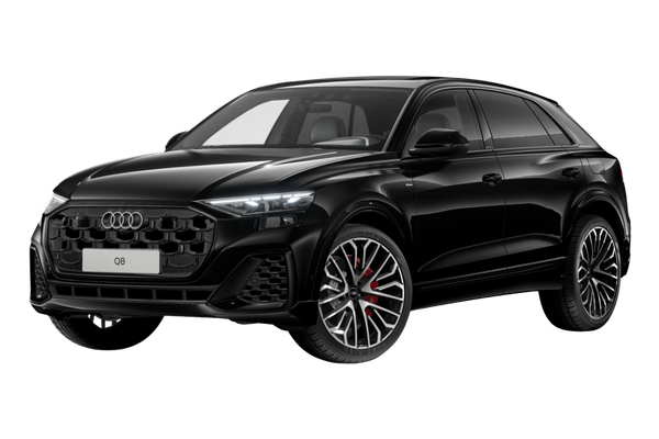 Black Audi Q8 in a front three-quarter view.