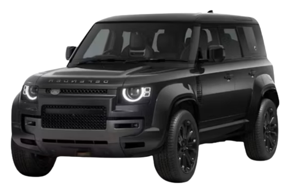 Black Land Rover Defender in a front three-quarter view.