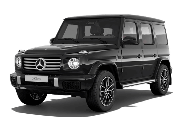 Black Mercedes-Benz G-Class in a front three-quarter view.