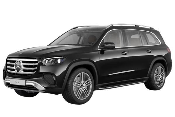 Black Mercedes-Benz GLS in a front three-quarter view.