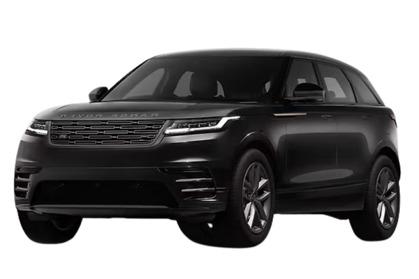 Black Range Rover Velar in a front three-quarter view.