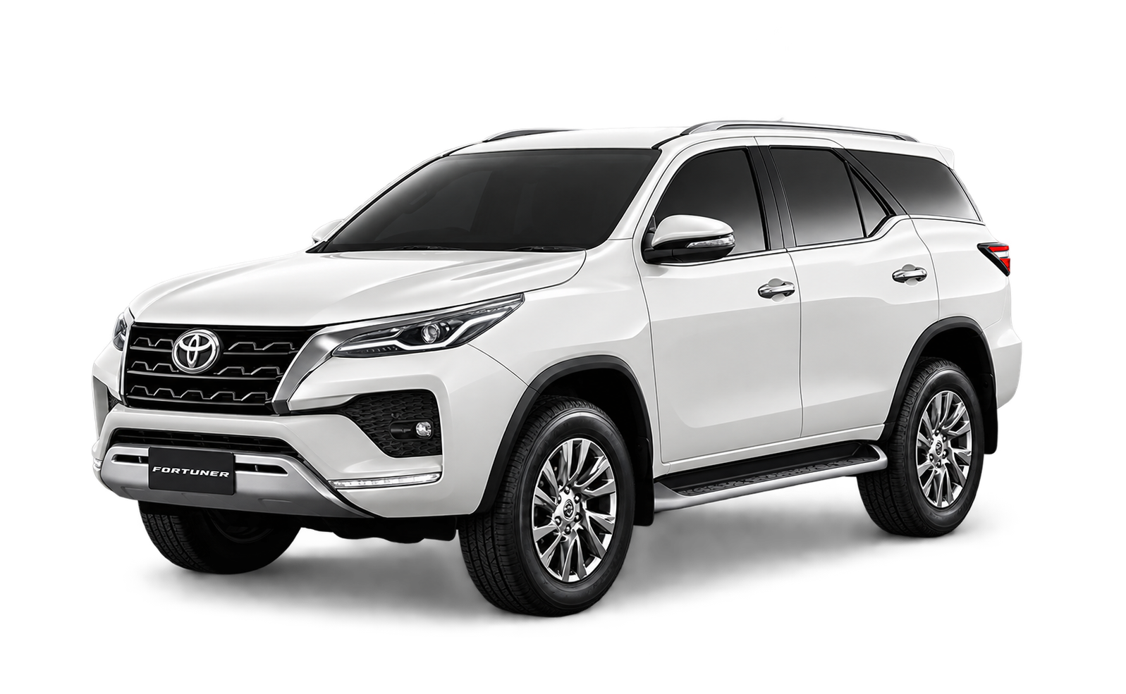 White Toyota Fortuner facing left in a front three-quarter view.