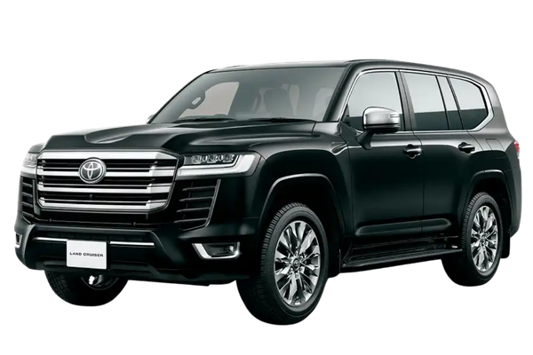 Black Toyota Land Cruiser in a front three-quarter view.