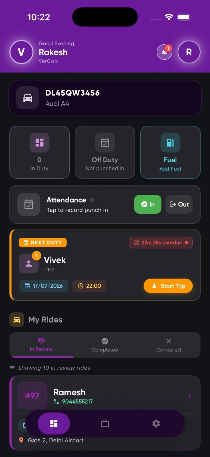 A driver's home screen in the VerCab mobile app, showing the assigned vehicle, duty state, attendance and the next duty.