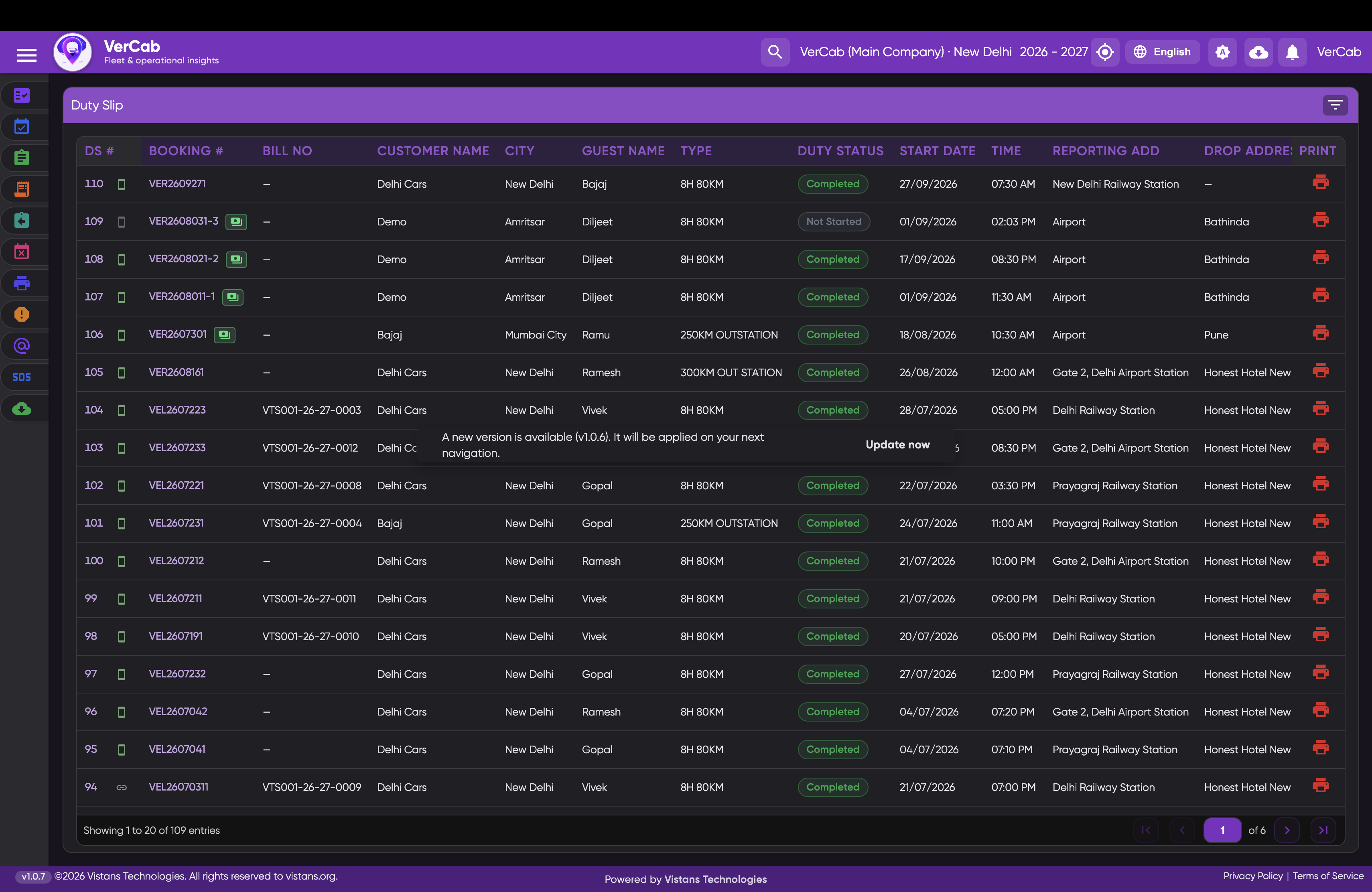 The duty slip register in the VerCab web portal, listing bookings by customer, city, duty status and reporting point.